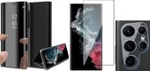 Hoesje geschikt voor Samsung Galaxy S22 Ultra - Book Case Spiegel Wallet Cover Hoes Zwart - Full Tempered Glass Screenprotector - Camera Lens Protector