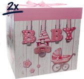 2 stuks cadeaudoosjes 15x15x15cm voor de baby in roze met babyprint