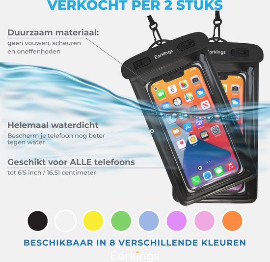 Twee zwarte, waterdichte telefoonhoesjes met EarKings logo, iPhone schermen en kleurselectie: zwart, wit, geel, groen, blauw, paars, roze, oranje.