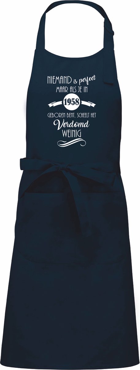 mijncadeautje - luxe keuken- barbecueschort - Niemand is perfect - 1958 - navy blauw