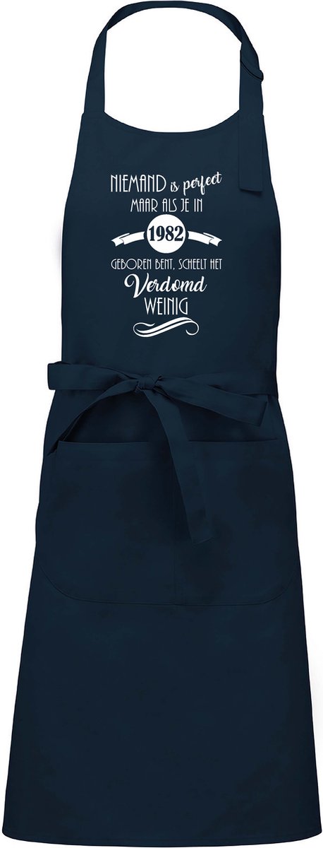 mijncadeautje - luxe keuken- barbecueschort - Niemand is perfect - 1982 - navy blauw