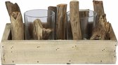 theelichthouder 25 x 15 x 12 cm hout/glas naturel