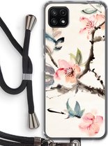 Case Company® - Samsung Galaxy A22 5G hoesje met Koord - Japanse bloemen - Telefoonhoesje met Zwart Koord - Bescherming aan alle Kanten en Over de Schermrand