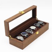 Confibel - Luxe Houten Horloge Box - Horlogedoos - Geschikt voor Horloges en Sieraden - 6 Compartimenten met 6 Kussentjes - Hout