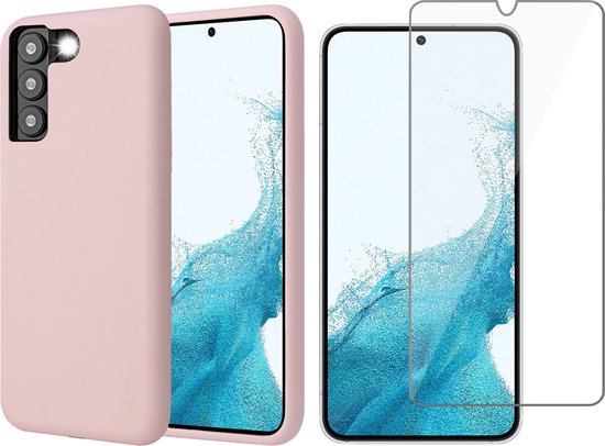 Hoesje geschikt voor Samsung Galaxy S22 - Matte Back Cover Microvezel Siliconen Case Hoes Roze - Tempered Glass Screenprotector