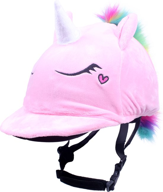 Roze cap cover met unicorn-thema. Met zachte oren, een witte hoorn, regenboogpluim en gesloten ogen met een hartje.