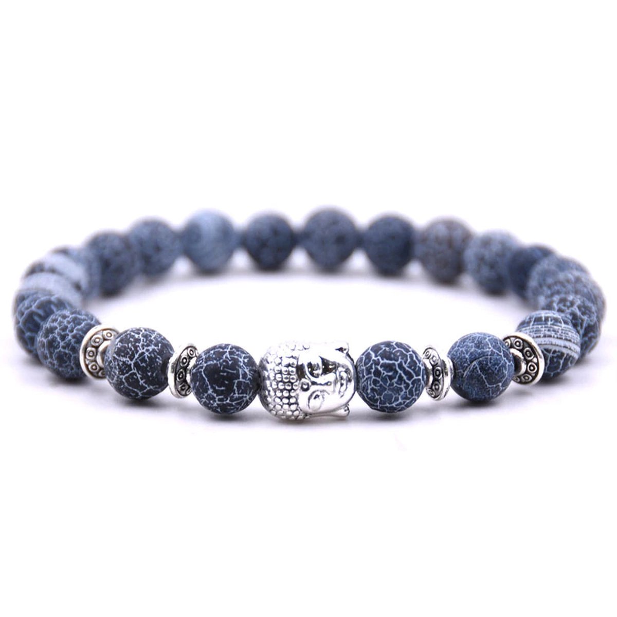 Armband met buddha bedel - Armband natuursteen - Kralen band - Dames / Heren / Unisex / Cadeau - Cadeau voor man & vrouw - Zilveren Buddha - Elastisch - Zwart / blauw