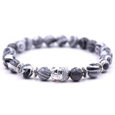 Bracelet avec breloque Bouddha - Bracelet pierre naturelle - Bande Perles - Femme / Homme / Unisexe / Cadeau - Cadeau pour homme & femme - Bouddha argenté - Élastique - Marbre Wit / Zwart