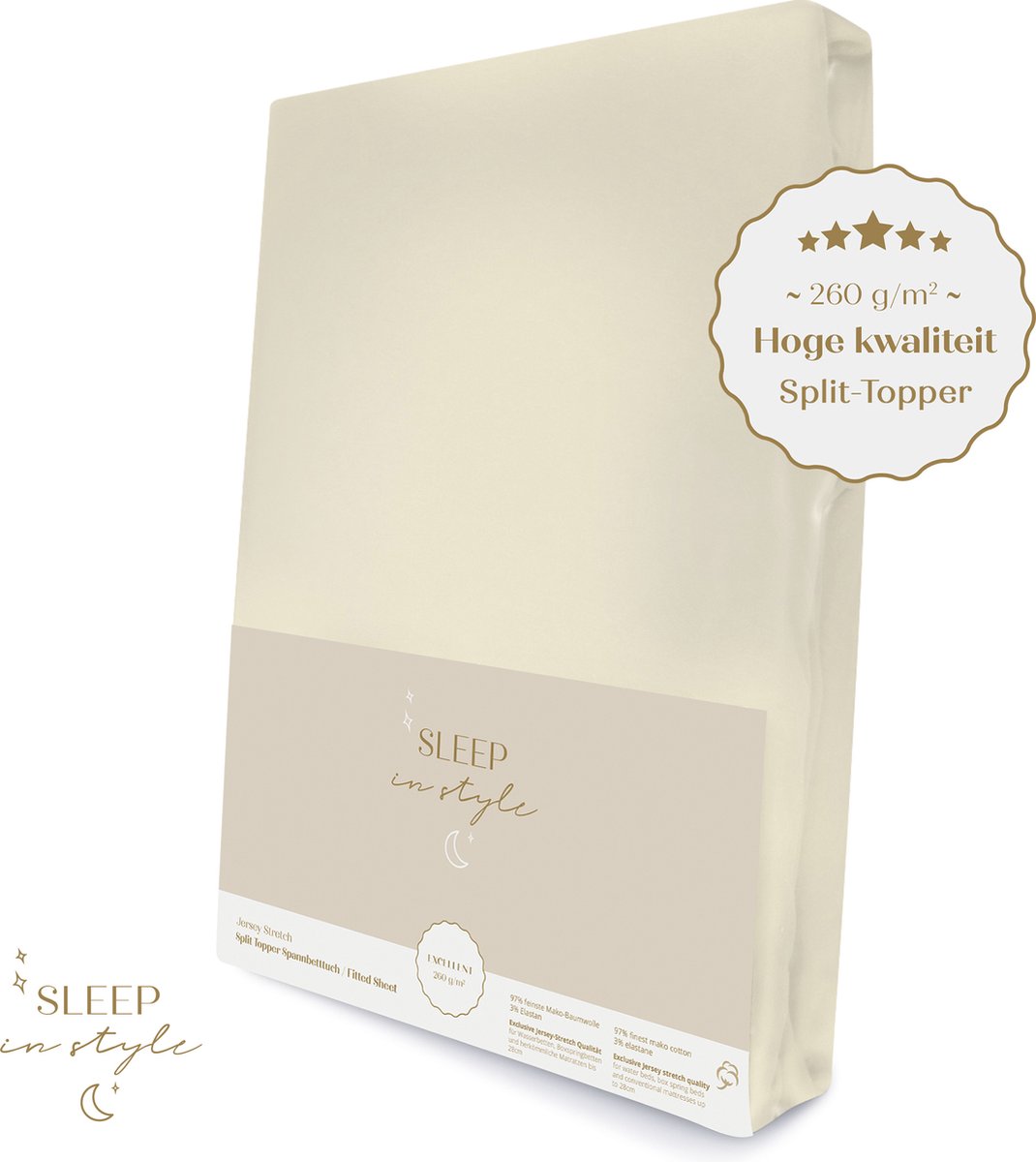 Hoge hotelkwaliteit Jersey Hoeslaken voor SPLIT-TOPPER - 200x210 cm - (tot 10 cm hoogte) - 260 grams -Champagne Creme