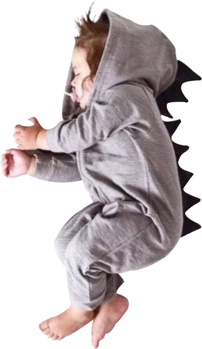Budino® - Dino Draak - Baby Onesie - Baby Romper - Baby Pyjama - Baby Pakje - Baby Verkleedkleding - Carnavalskleding - Dier - Grijs - maat 86