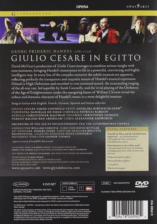 DVD hoes van Giulio Cesare met operazangers in kostuums op een podium.