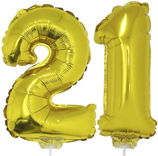 21 jaar leeftijd feestartikelen/versiering cijfers ballonnen op stokje van 41 cm - Combi van cijfer 21 in het goud