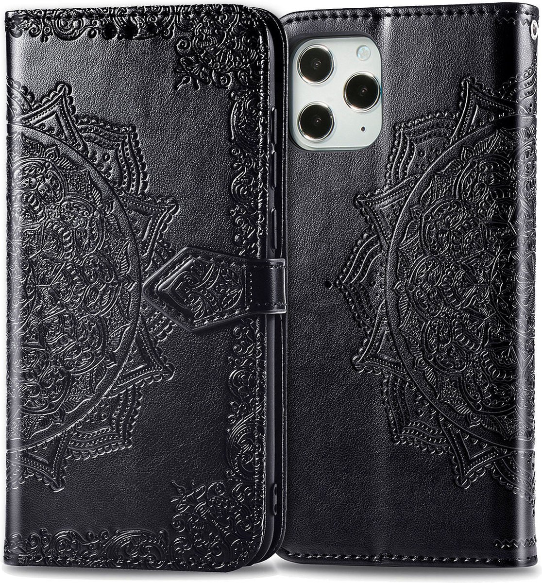 Bookcase geschikt voor Apple iPhone 12 Pro Max - Zwart - Bloemen - Portemonnee Hoesje