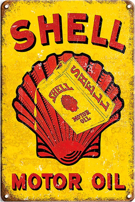 Signs-USA - Retro wandbord - metaal - Shell - Yellow-Red Motor Oil - 20 x 30 cm
