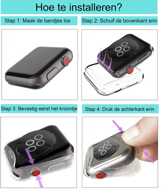 Instructies voor het installeren van een Apple Watch hoesje, met vier stappen.
