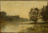 Kunst: Stanislas Lépine, River Scene with Ducks, c. 1878–80, Schilderij op canvas, formaat is 75X100 CM