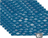 Placemat - Placemats kunststof - Vissen - Blauw - Patronen - 45x30 cm - 6 stuks - Hittebestendig - Anti-Slip - Onderlegger - Afneembaar