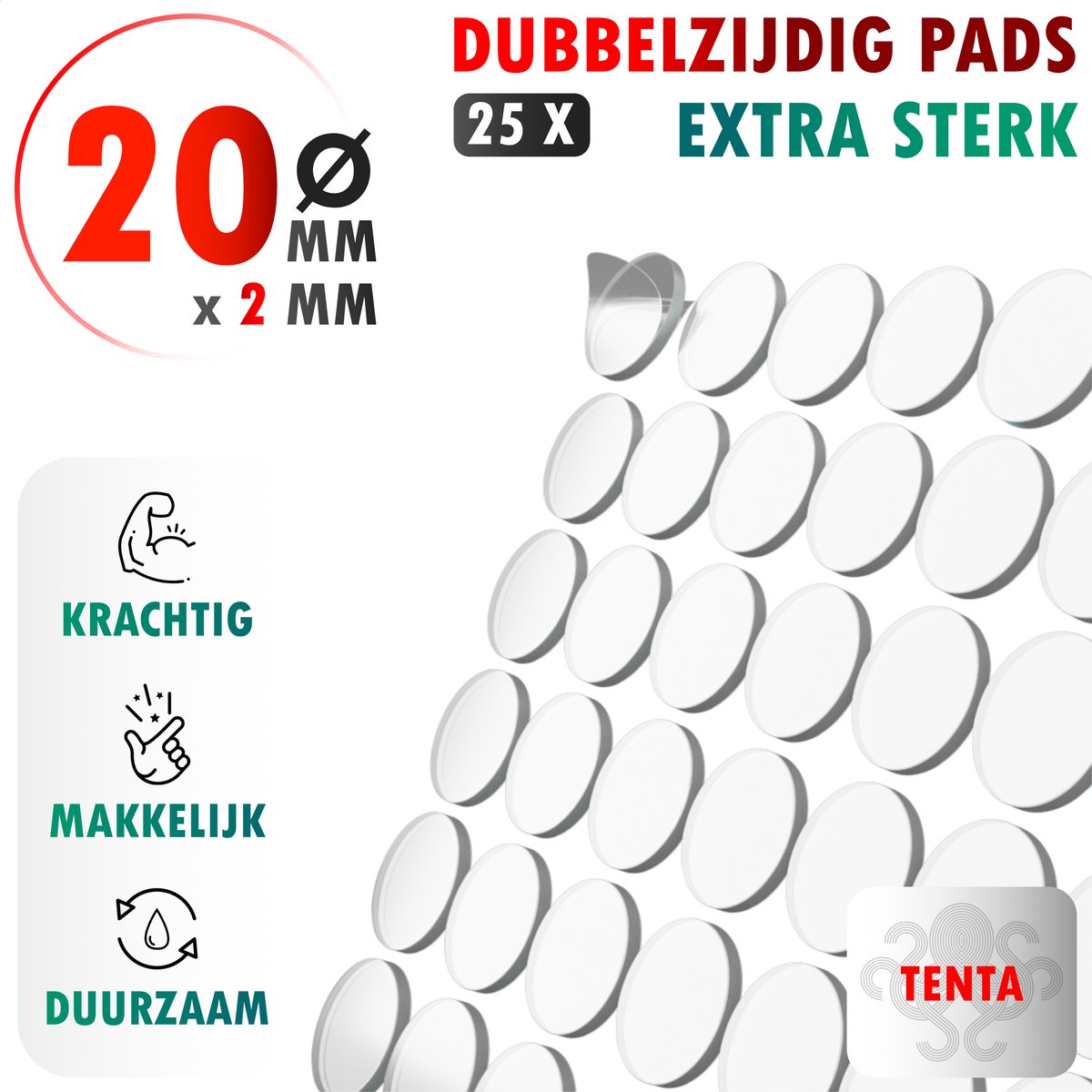 TENTA® Dubbelzijdig Tape Plakkers Extra Sterk - 20mm x 2mm - 25x - TENTA®