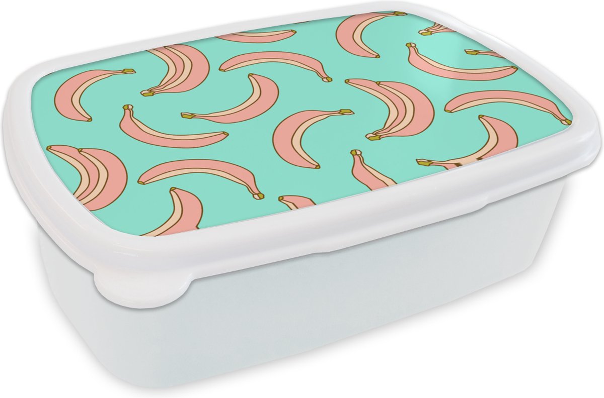 Broodtrommel Wit - Lunchbox - Brooddoos - Roze - Banaan - Fruit - Patronen - 18x12x6 cm - Volwassenen