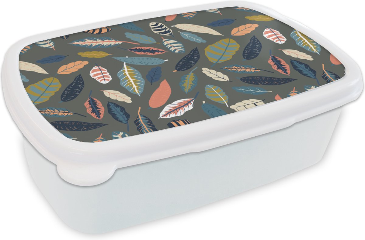 Broodtrommel Wit - Lunchbox - Brooddoos - Patroon - Blaadjes - Pastel - 18x12x6 cm - Volwassenen