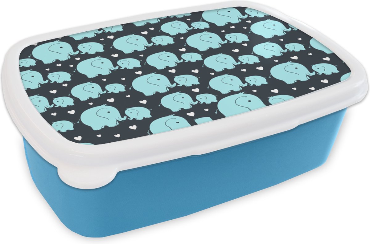 Broodtrommel Blauw - Lunchbox - Brooddoos - Patronen - Olifant - Hart - 18x12x6 cm - Kinderen - Jongen