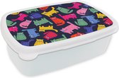 Broodtrommel Wit - Lunchbox - Brooddoos - Patronen - Kat - Regenboog - Roze - Meisjes - Kinderen - Kindje - 18x12x6 cm - Volwassenen