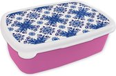 Broodtrommel Roze - Lunchbox - Brooddoos - Tegel - Bloem - Blauw - Patroon - 18x12x6 cm - Kinderen - Meisje
