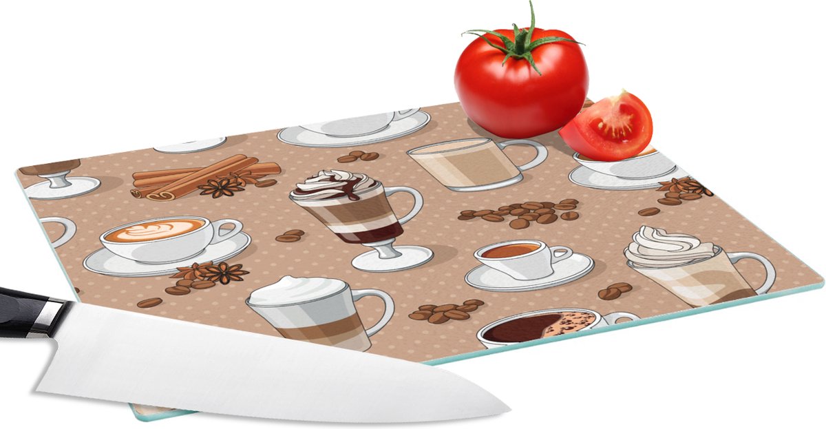 Glazen Snijplank - 28x20 - Patronen - Koffie - Cappuccino - Chocolade - Snijplanken Glas