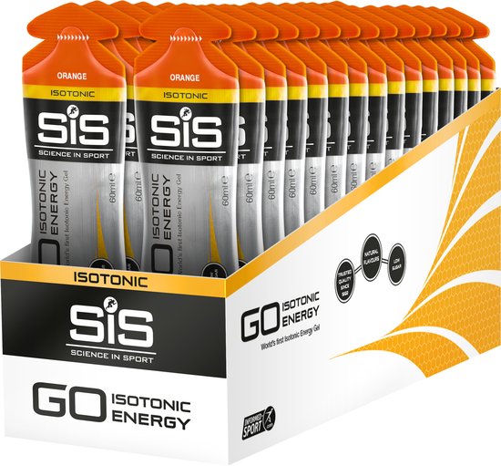 Doos met 30 SIS GO Isotonic Energy Gels, sinaasappelsmaak, individueel verpakt.