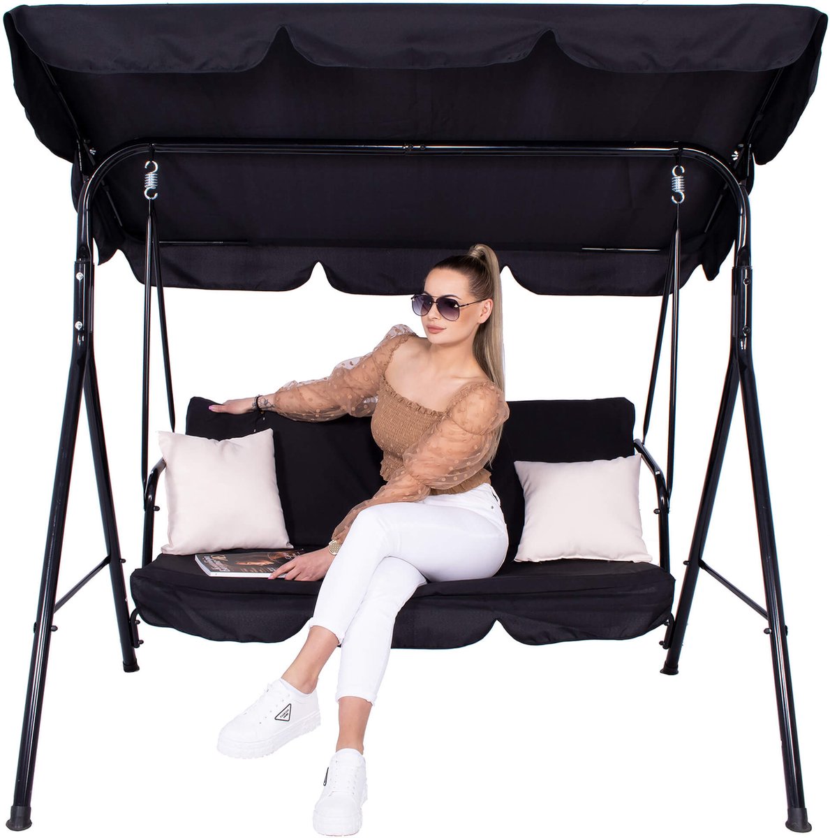 Bol.com Springos Schommelbank | Luna-Schommel | 3-zits | Waterafstotend | Inclusief 2 Kussens | Verstelbare Luifel | 170 x 110 x... aanbieding