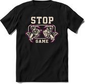 Stop and game | Gaming kado T-Shirt heren - dames | Wit-Roze | Perfect game pc cadeau shirt | Grappige console spreuken - zinnen - teksten Maat 3XL