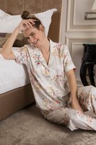 Seamlife Homewear - Dames Pyjama Set- BIO- Kort - Crème Flower - (S)