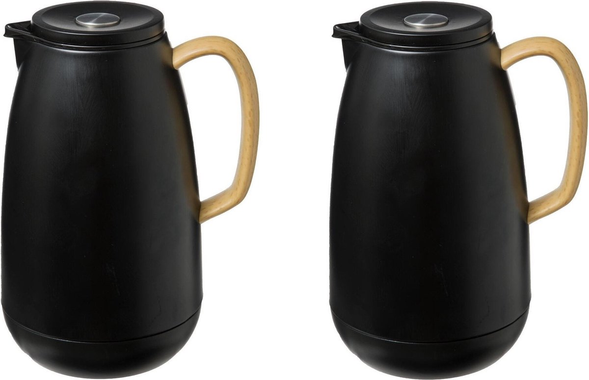2x stuks koffie/thee thermoskan/isoleerkan RVS 1 liter zwart - Isoleerkannen voor warme / koude dranken