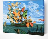 Schilderen Op Nummer Volwassenen DIY Paint By Number Compleet Hobby Pakket op Frame met Vernis - ®Arty Bee - Ship with the Butterflies Salvador Dali 40x50cm