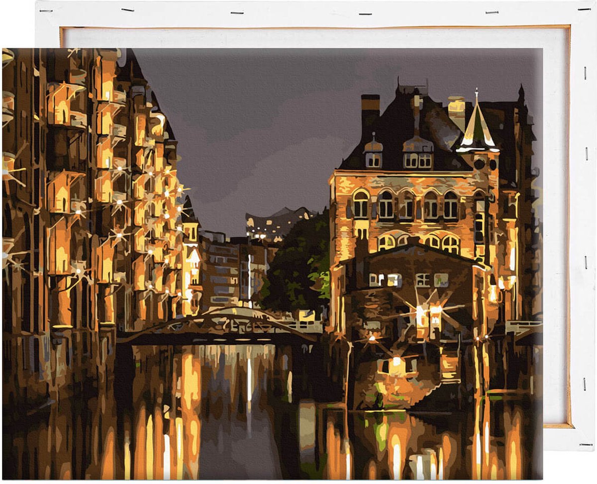 Schilderen Op Nummer Volwassenen DIY Paint By Number Compleet Hobby Pakket op Frame met Vernis - ®Arty Bee - Hamburg by Night 50x40cm — afbeelding 9