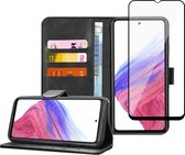 Samsung A53 5G Book Case Hoesje - Samsung A53 5G Screenprotector - Flip Portemonnee Zwart met Full Cover Gehard Glas