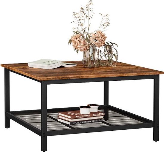 Table basse ZAZA Home , en acier, avec étagère grillagée, carrée, design industriel, pour le salon, vintage marron-noir