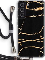Case Company® - Samsung Galaxy S21 FE hoesje met Koord - Gouden marmer - Telefoonhoesje met Zwart Koord - Bescherming aan alle Kanten en Over de Schermrand