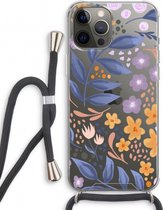 Case Company® - iPhone 12 Pro hoesje met Koord - Flowers with blue leaves - Telefoonhoesje met Zwart Koord - Extra Bescherming aan alle Kanten en Over de Schermrand