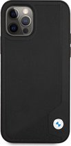 BMW Leather Back Cover Debossed Stripes - Geschikt voor Apple iPhone 12 Pro Max (6.7") - Zwart