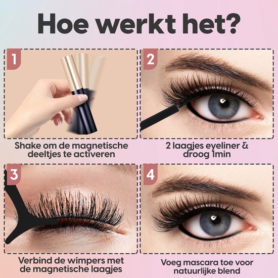 Vier stappen hoe magnetische wimpers te gebruiken: schudden, eyeliner aanbrengen, wimpers bevestigen, mascara.
