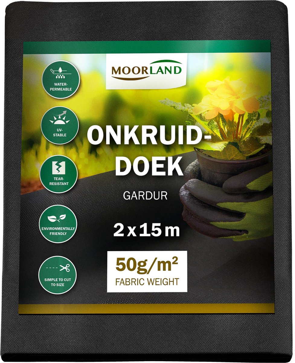 Moorland Gardur - Anti Onkruiddoek Tuin 2m x 15m (30m²) Zwart - Antiworteldoek UV-licht bestendig, Waterdoorlatend voor Tuin, Terras & Bloembed