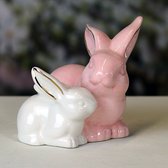 Twee schattige en lieve konijnen die bij elkaar zitten in marshmallow wit en roze! Ontzettend leuk om als decoratie in woonkamer, serre, slaapkamer of ergens anders in huis neer te