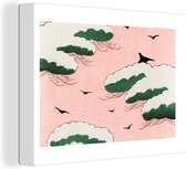 Canvas Schilderij Wolken - Vogel - Japandi - Vintage - 120x90 cm - Wanddecoratie