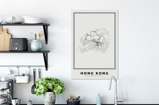 Tableau Peinture Hong Kong - Plan de Ville - Zwart Wit - 60x90 cm - Décoration murale