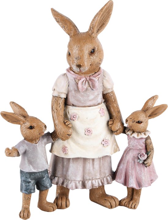 Paashaas / Konijn / paaskonijn / konijnen / mama met kinderen - Roze / grijs / creme / wit - 16 x 8 x 20 cm hoog.