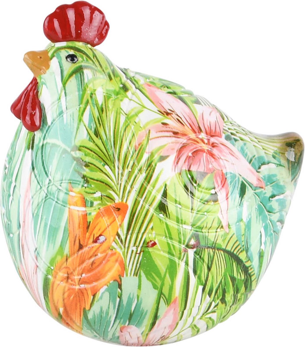 Kip zittend - Groen / oranje / creme / wit - 10 x 8 x 11 cm hoog.