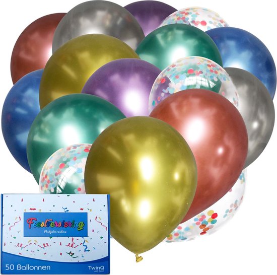 TwinQ 50x Chrome Metallic Gekleurde Helium & Confetti Ballonnen - Verjaardag Feest Versiering - Ballonnenboog Decoratie Maken - Latex