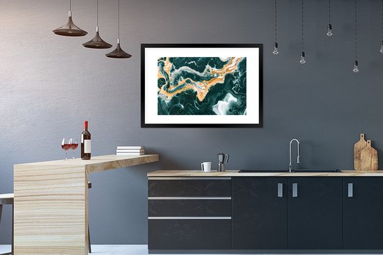 Poster in lijst - Fotolijst 90x60 cm - Posters - Marmer - Aqua - Gouden - Posterlijst zwart - Decoratie - Wanddecoratie woonkamer - Muurdecoratie slaapkamer
