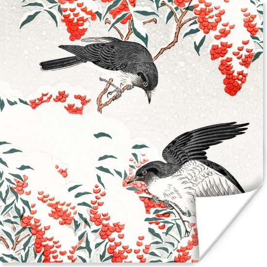 Poster Vogels - Bes - Rood - Vintage - Japan - 75x75 cm